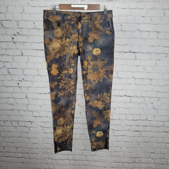 Mos Mosh Blue Gold Floral Mid Rise Zip Ankle Stretch Skinny Jeans 28 (28x28) - Picture 1 of 14